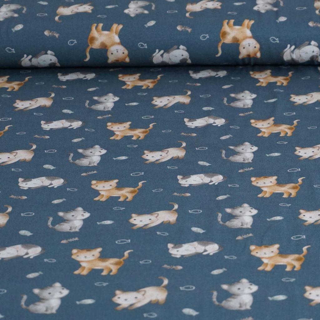Baumwolljersey Katzen auf jeansblau – FVJ